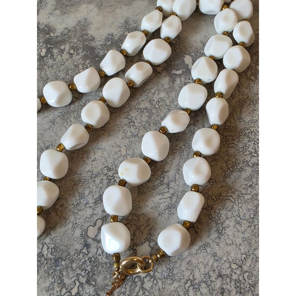 Trifari Baby Teeth White‎ Beaded Necklace With Gold-Tone Accents 22"